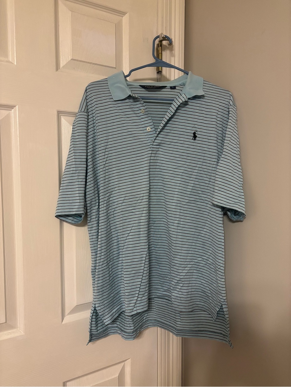 Men's Polo Golf Light Blue Striped Shirt 100% Cotton Size L